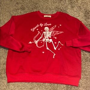 Wound up red graphic skeleton Cupid style struck by love sweatshirt